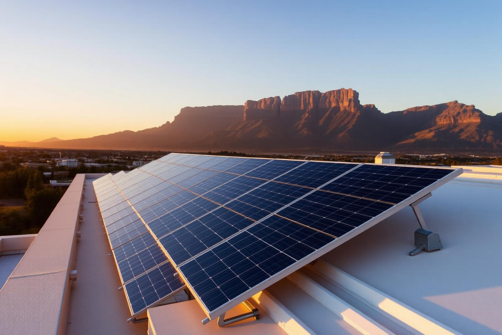 Solar panels installed on a Cape Town rooftop with Table Mountain in the background